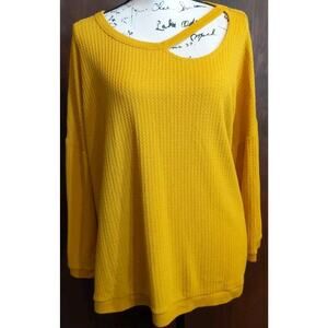 Cato Size XL 3/4 Sleeve Thermal Boho Cutout Top Blouse Mustard stretch casual